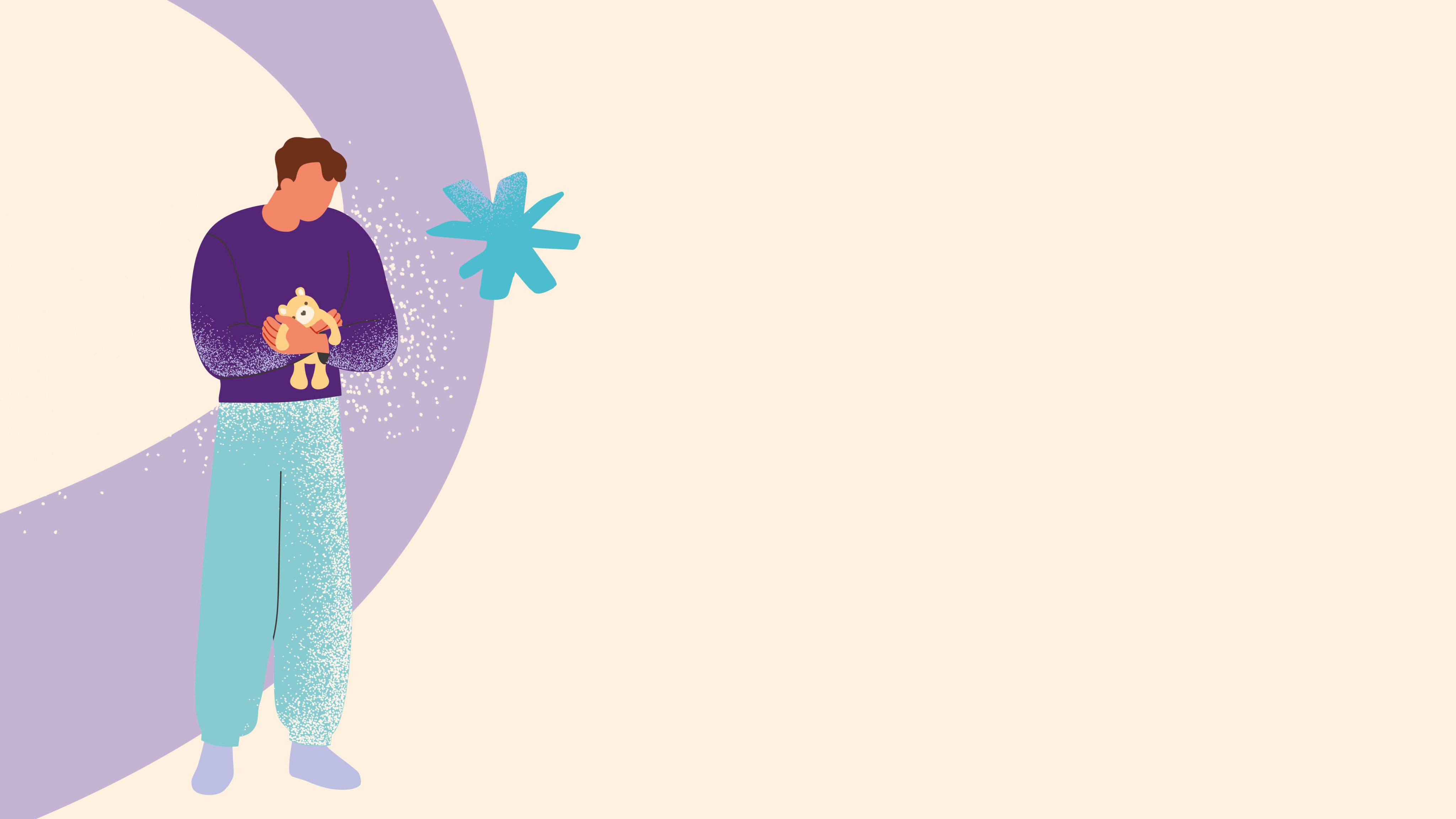 Illustration of man stood up holding a teddy bear