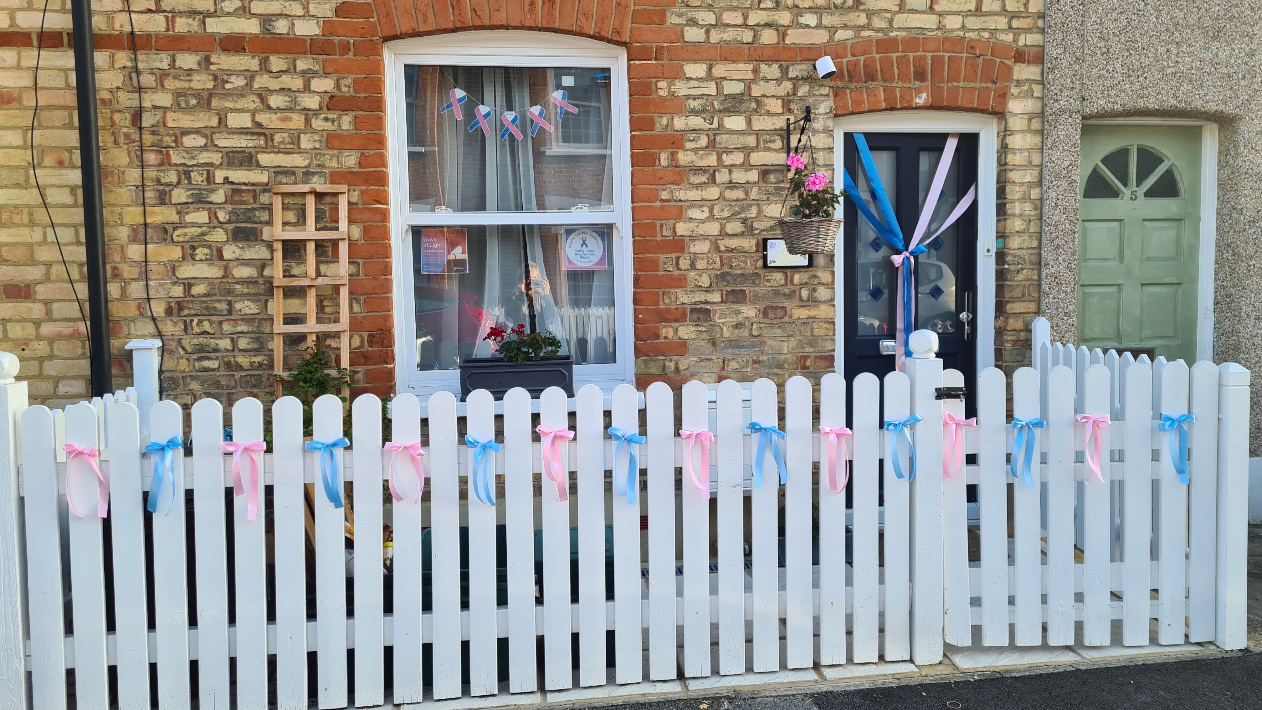 Blue and Pink Ribbons tied onto a fence outside a home during Baby Loss Awareness Week.
