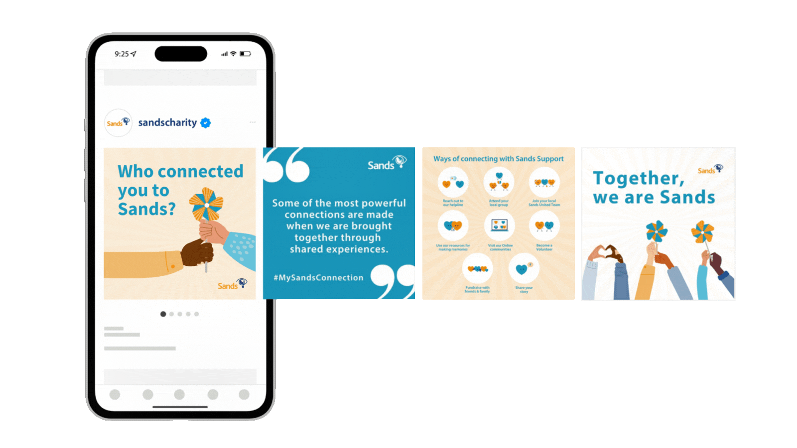 Phone showcasing Sands Awareness Month 2023 Instagram posts.
