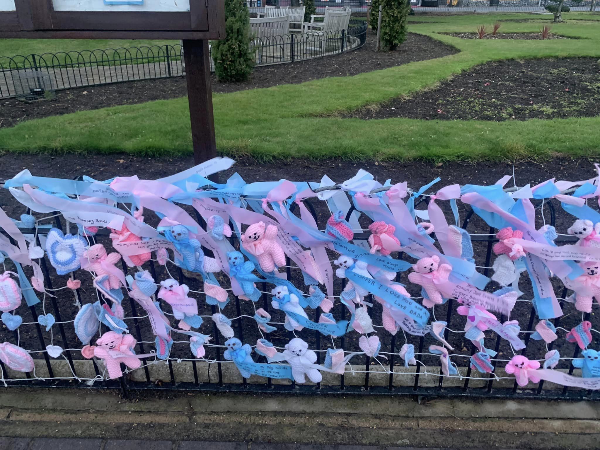 Pink and blue ribbons tied to a railing to raise awareness for Baby Loss Awareness Week. 