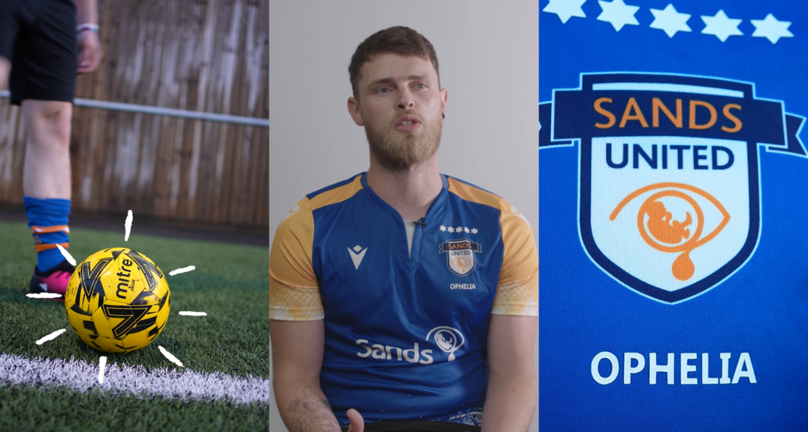 Multiple stills of Zane Murray from the Copa90 video. On the left is a football. In the middle, Zane is speaking. On the right is a zoom in of his daughters name 'Ophelia' on his football shirt under the Sands United badge. 