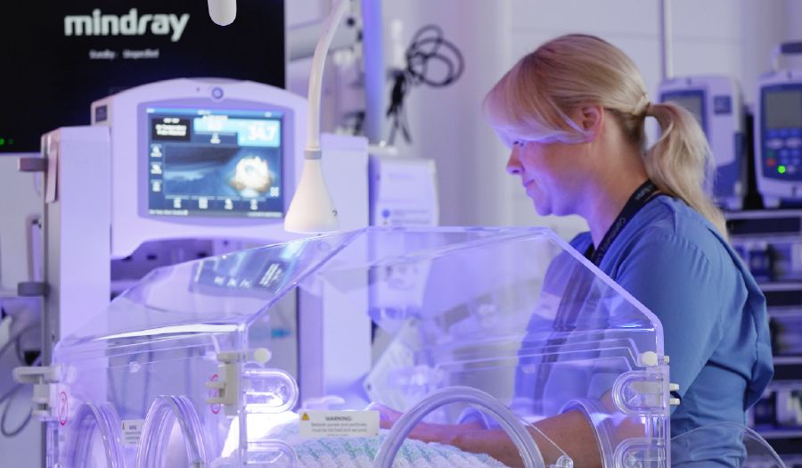 A neonatal nurse comforting a newborn baby in an incubator.  