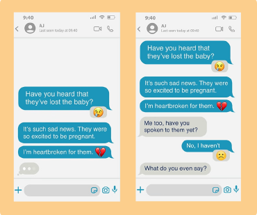 Screenshots of a text message conversation between two friends who are unsure about what to say to a friend who has just experienced baby loss.  
