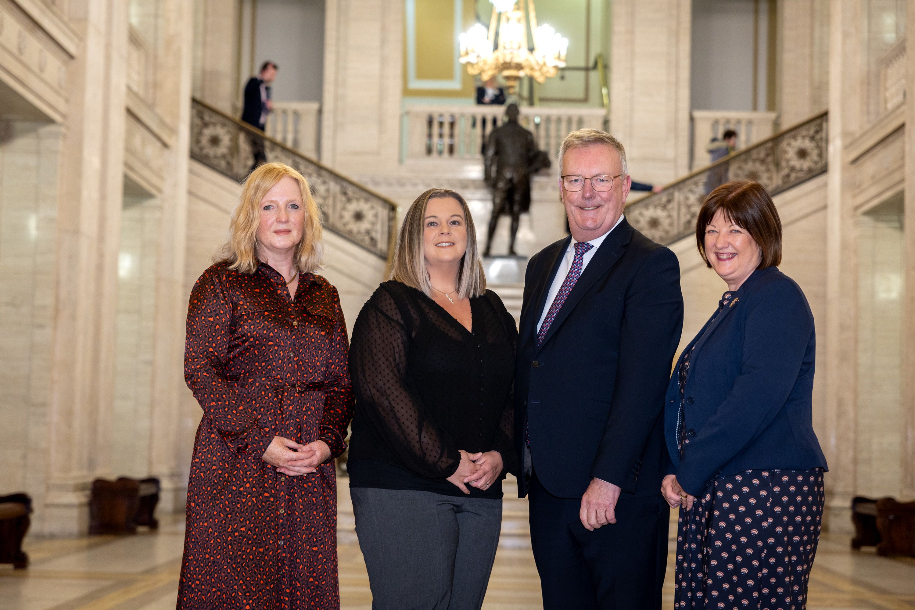 Image of Heather Reid, Interim Director of Nursing, Midwifery and Allied Health Professionals at the PHA; Melissa Crockett, Sands NBCP NI manager; Mike Nesbitt, Minister of Health for NI; Caroline Keown, Chief Midwifery Officer for Department of Health for NI.