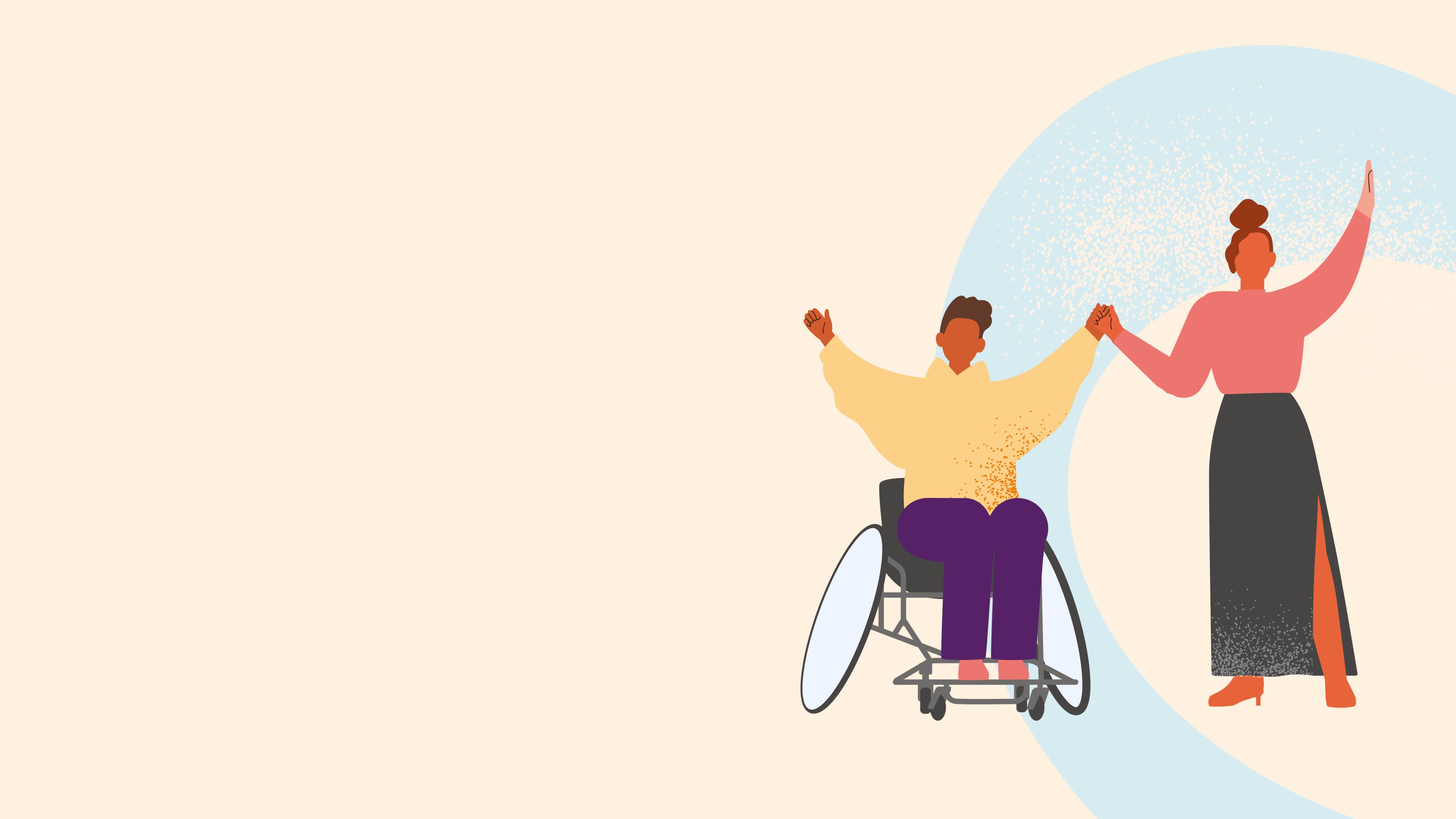 Illustration of man sitting in wheelchair and woman stood up holding hands