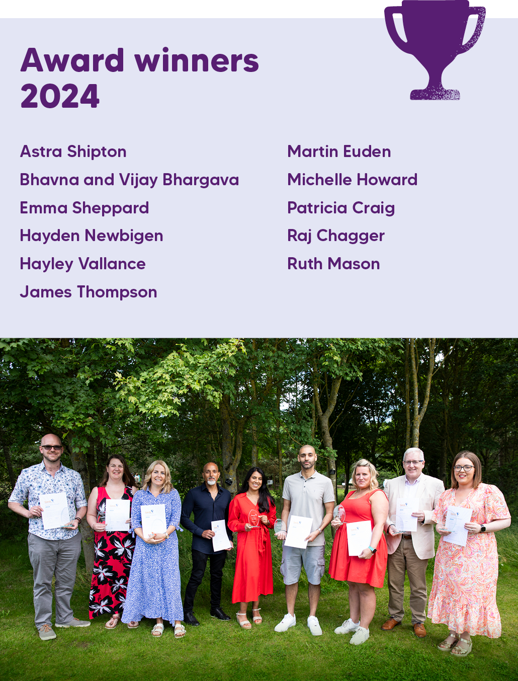Award winners 2024. Astra Shipton Bhavna and Vijay Bhargava Emma Sheppard Hayden Newbigen Hayley Vallance James Thompson Martin Euden Michelle Howard Patricia Craig Raj Chagger Ruth Mason 