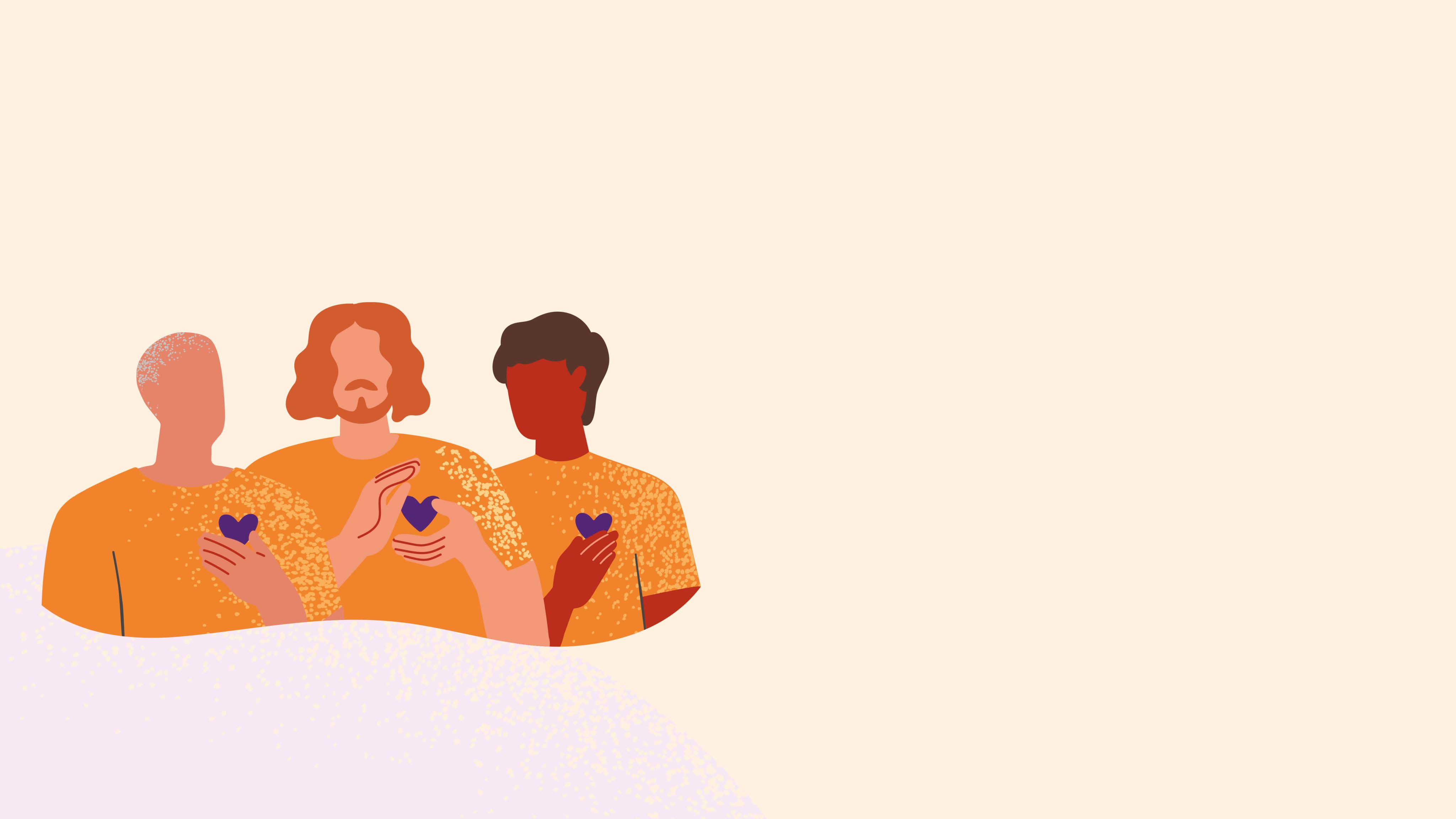 Illustration of 3 men holding hearts