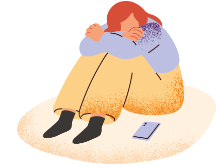 Illustration of women sitting down holding her knees looking at phone