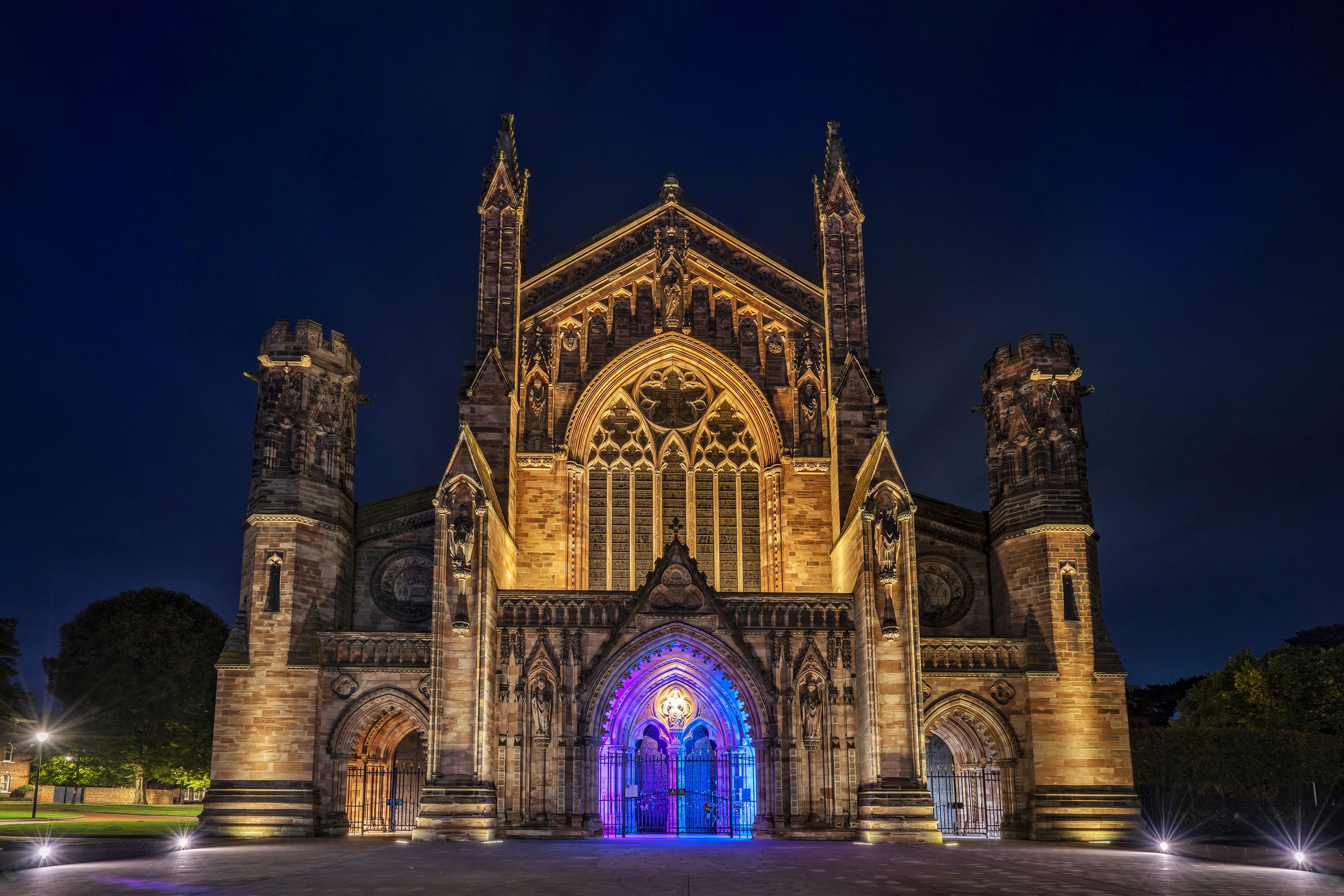 Hereford Cathedral lighting up pink and blue during Baby Loss Awareness Week.