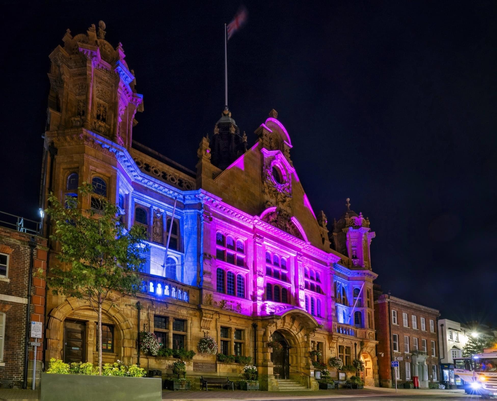 Building lighting up pink and blue in Hereford during Baby Loss Awareness Week.