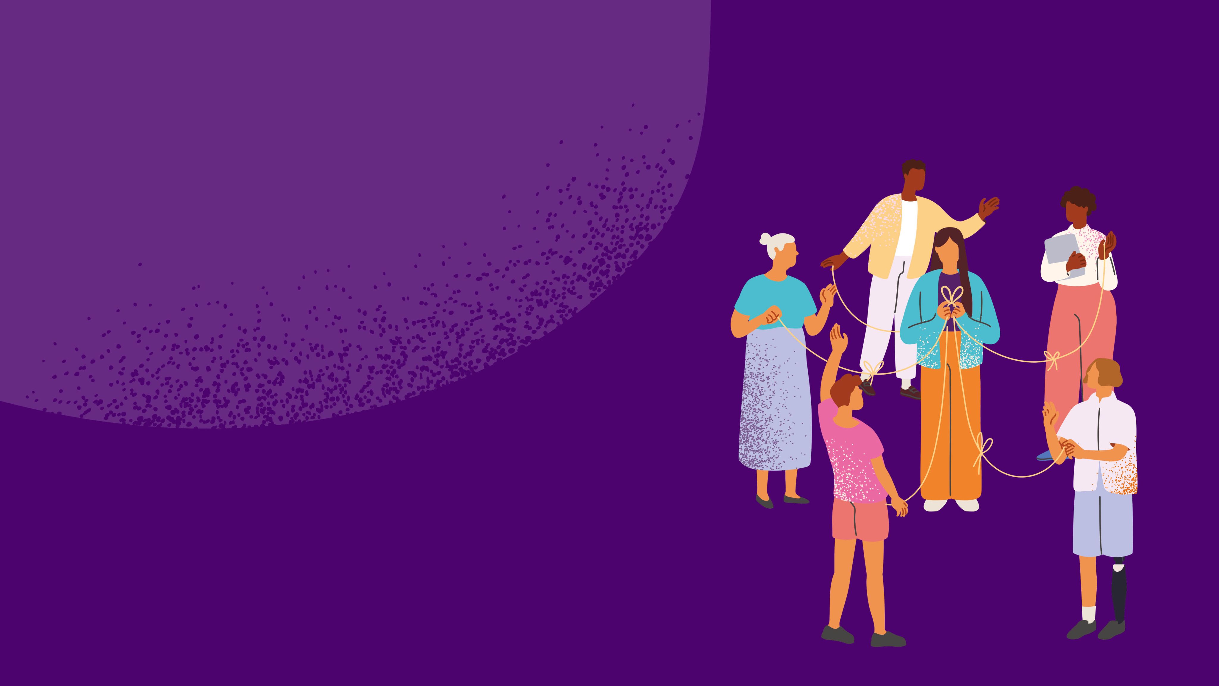 Title screen with illustration of people holding string