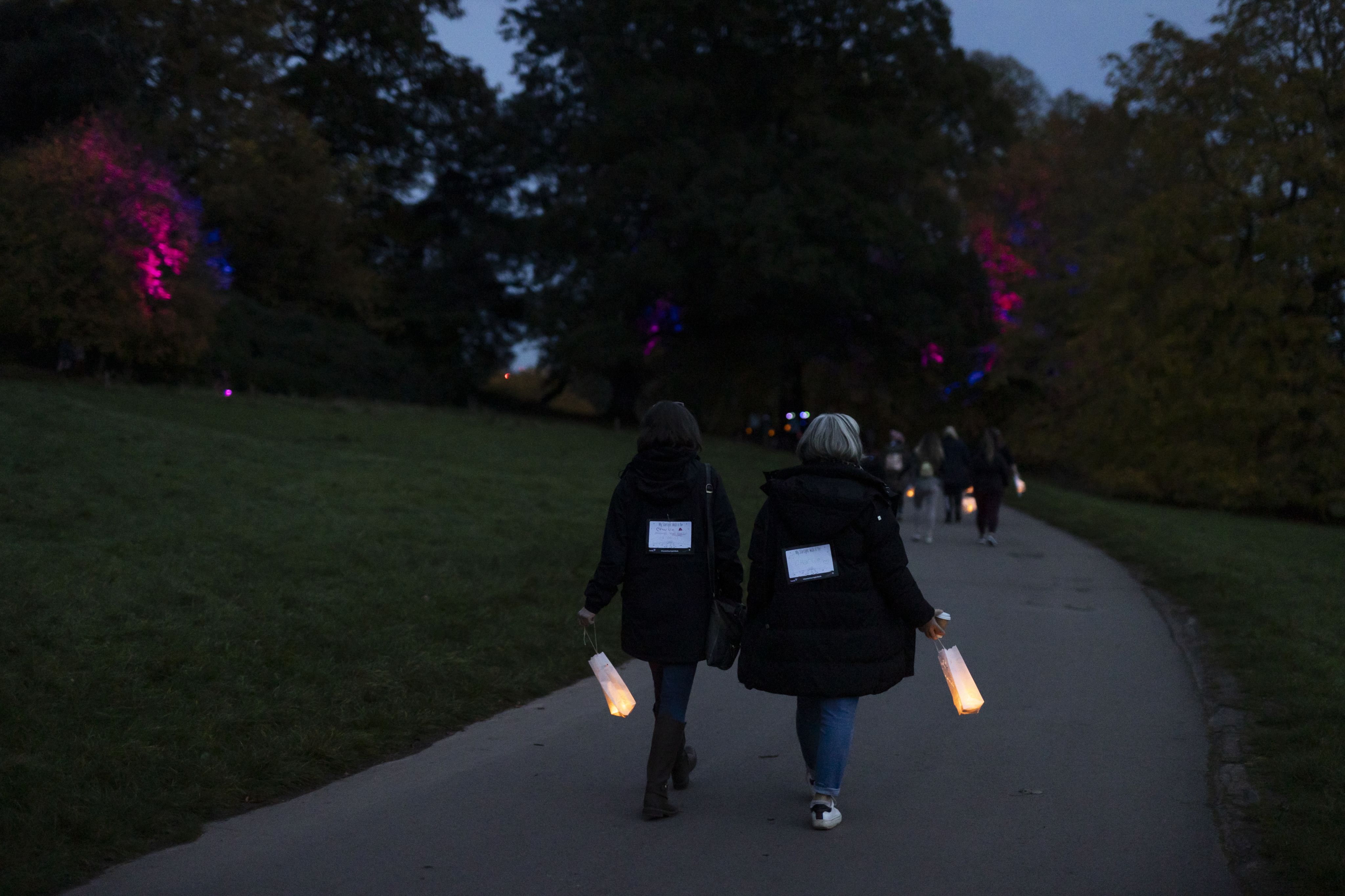 Supporters walking in the night at a Starlight Walk event. They are holding paper lanterns which are glowing. The trees in the background are lighting up pink in colour.
