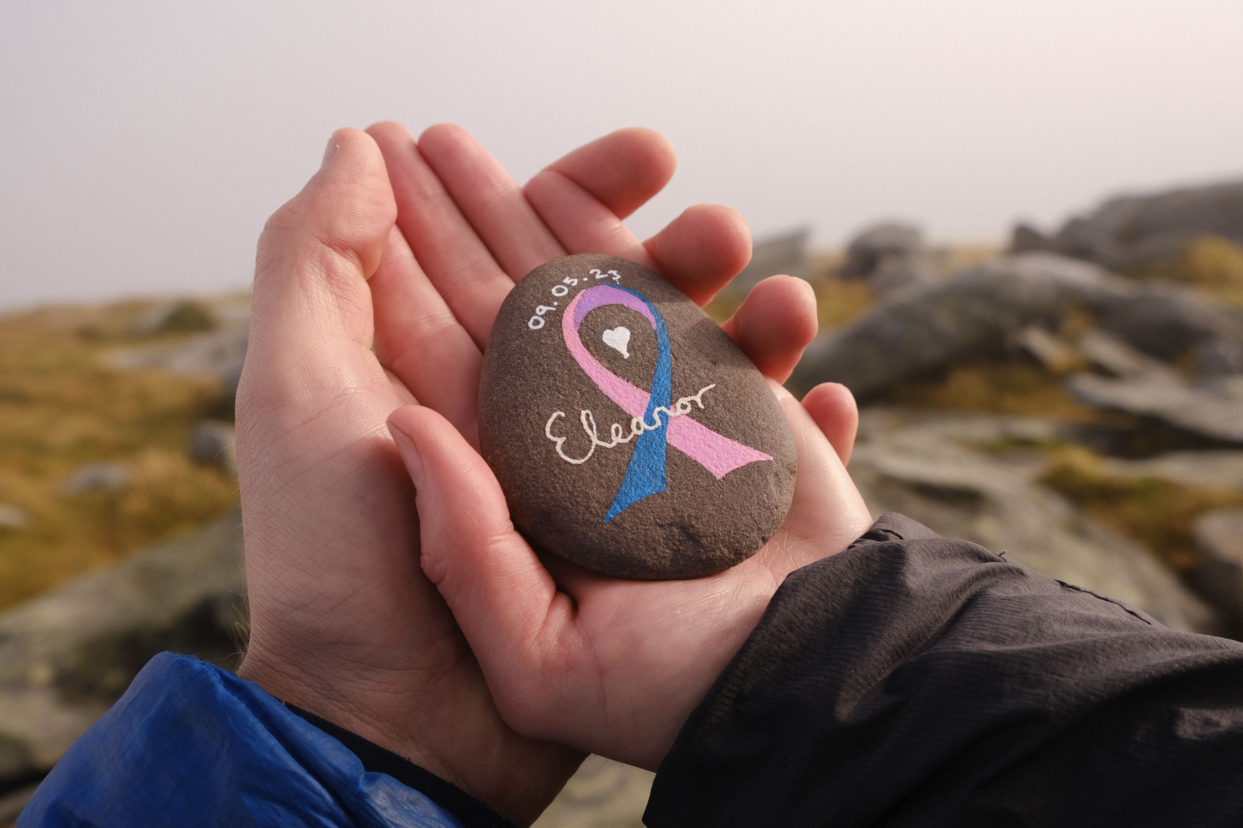 Two bereaved parents holding a stone in remembrance of their baby. Drawn on the stone is a pink and blue ribbon and the name of their baby.