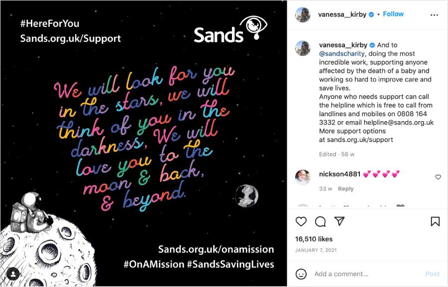 Instagram post by Vanessa Kirby sharing Sands post