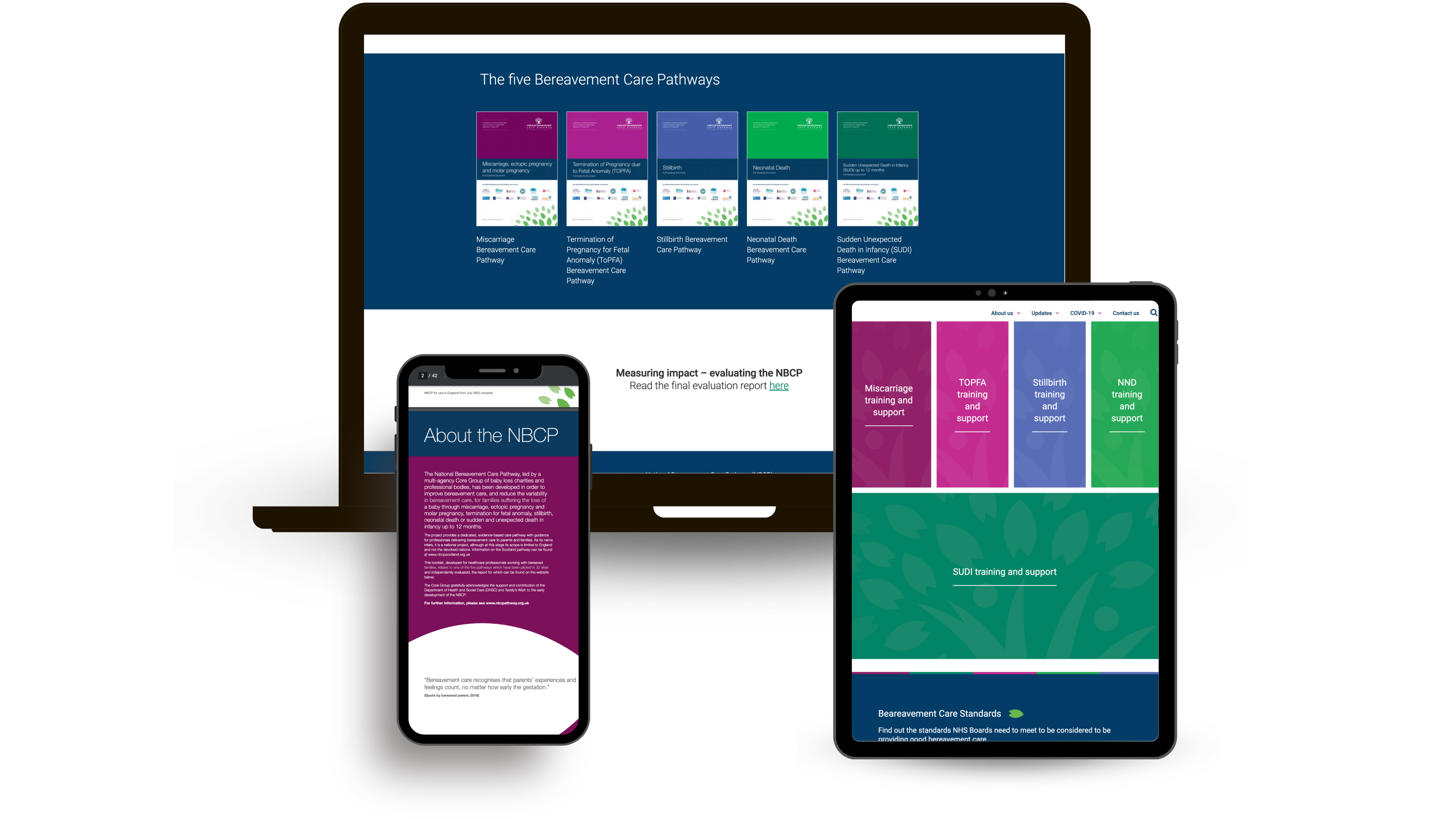 Images show NBCP Scotland pathways and website on an ipad, computer screen and mobile phone