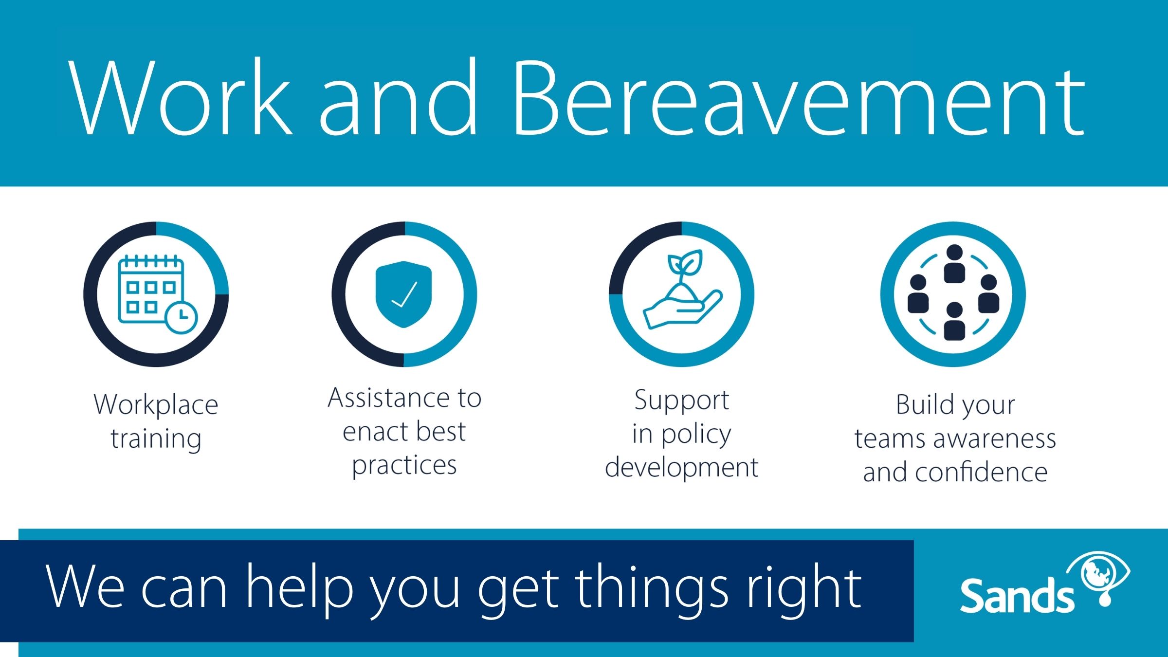 Work and Bereavement, we can help you get things right. Workplace training. Assistance to enact best practices. Support in policy development. Build your teams awareness and confidence
