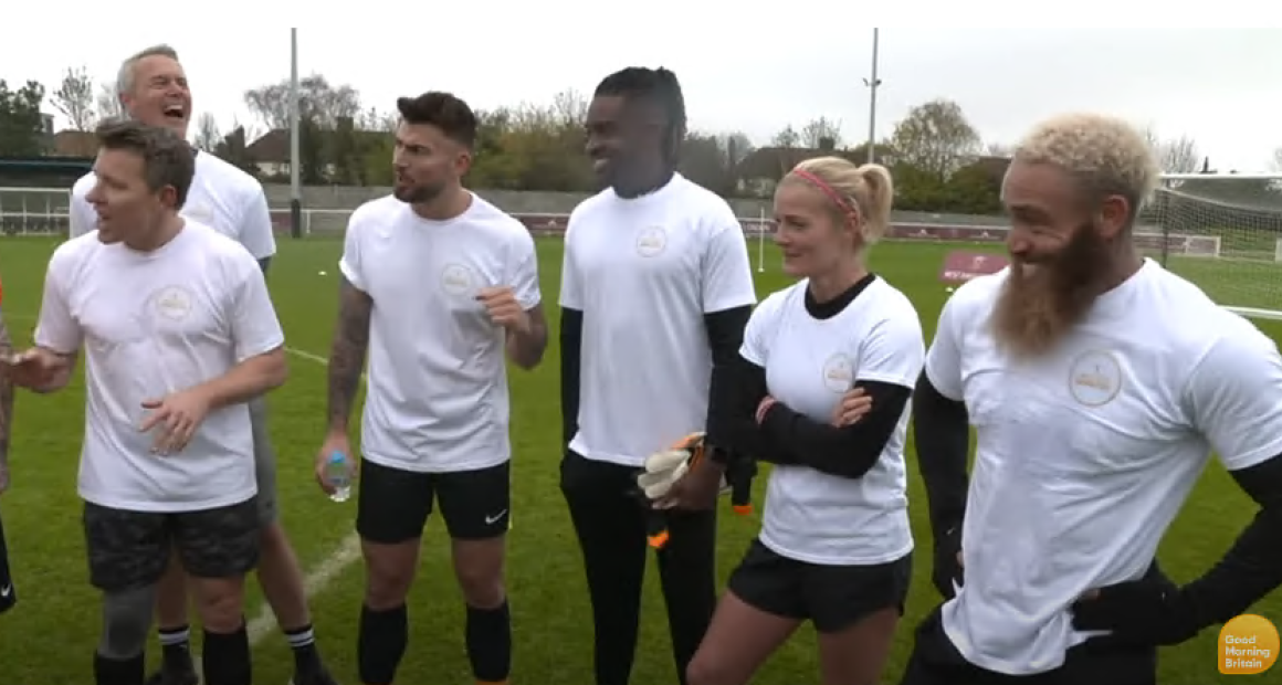 Celebrities taking part in a charity football match against Sands United on Good Morning Britain.