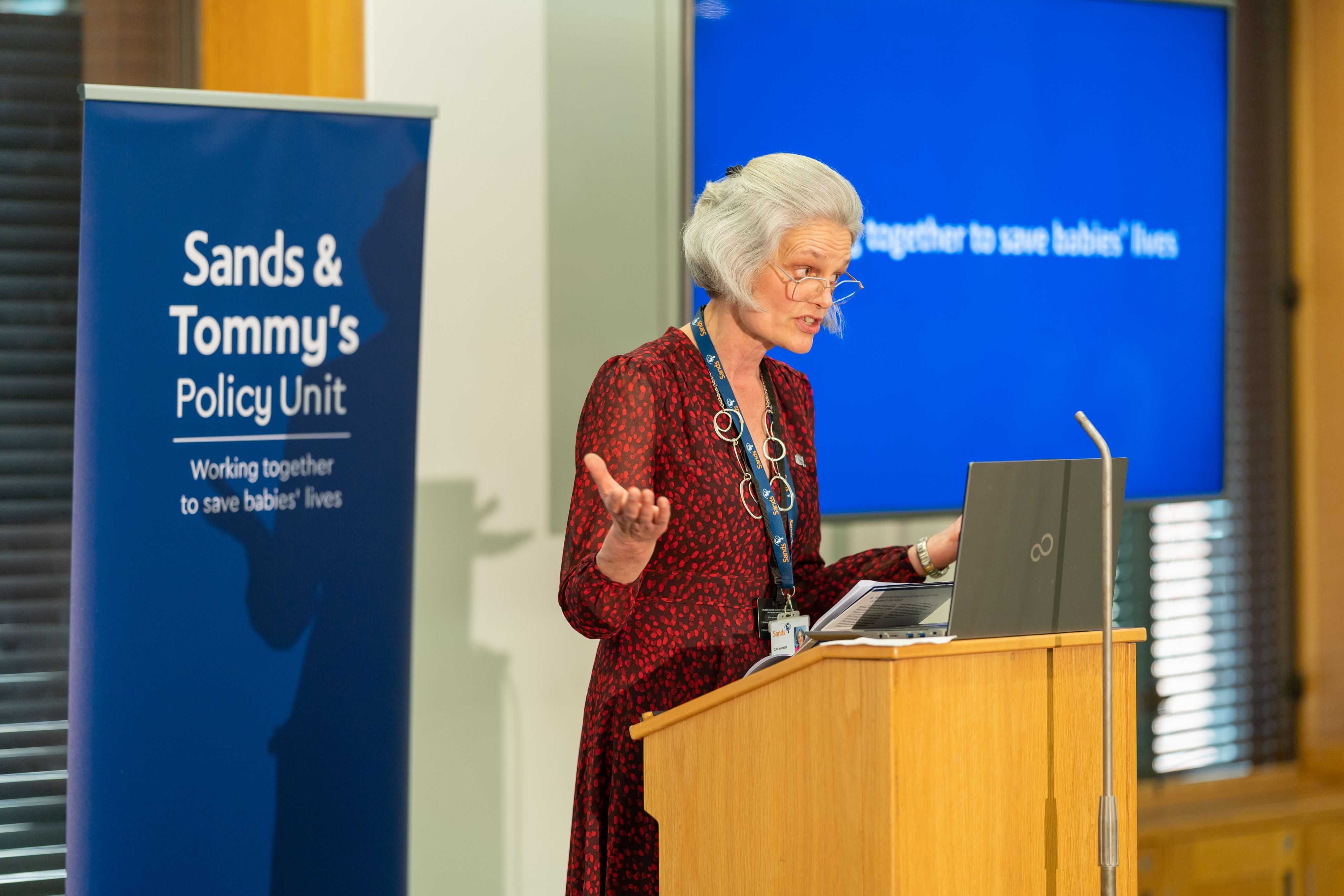 Photo of Clea Harmer speaking at the Sands & Tommy's Policy Unit event.