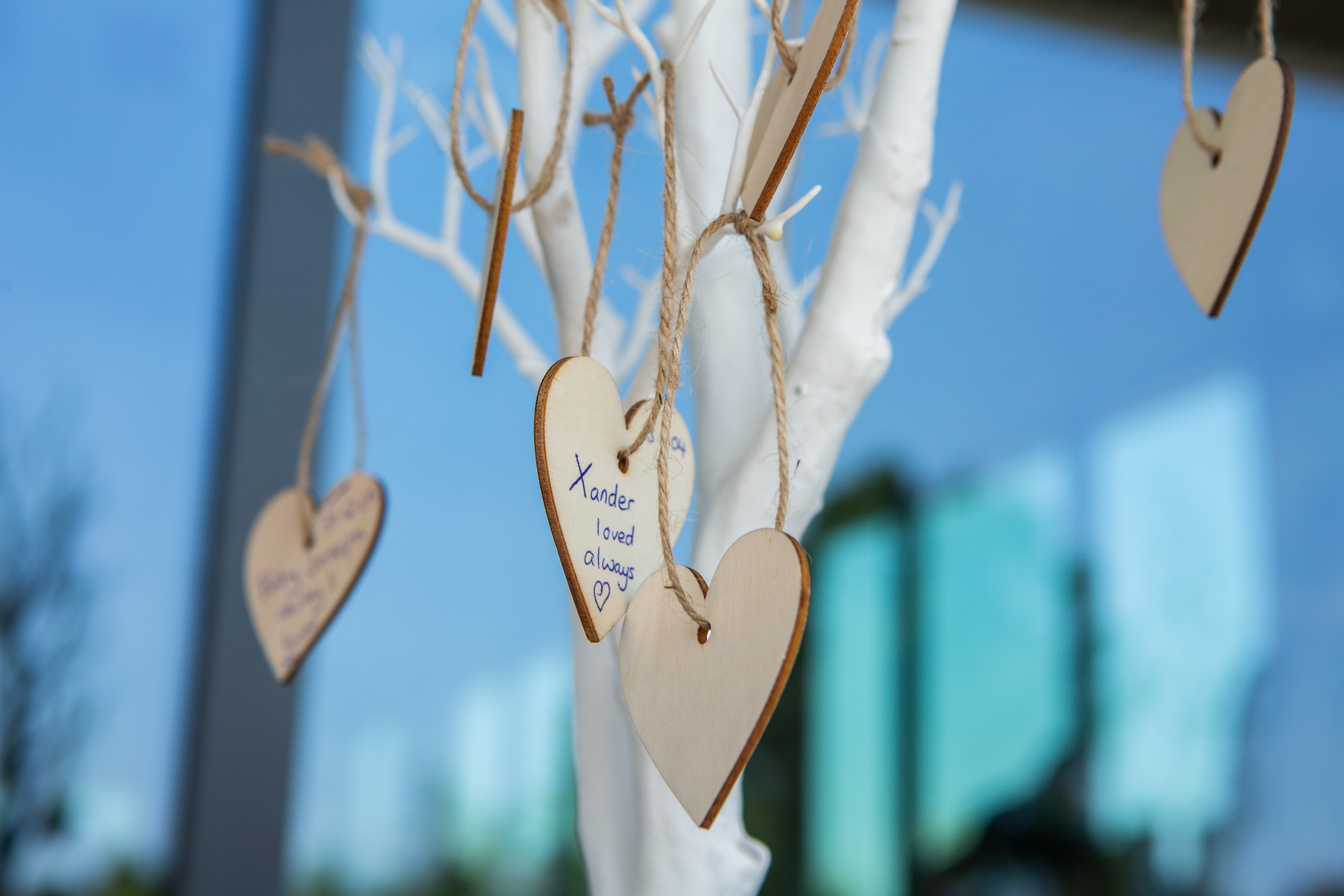 Close shot of heart ornaments on a remembrance tree. Written on the ornaments are babies names.