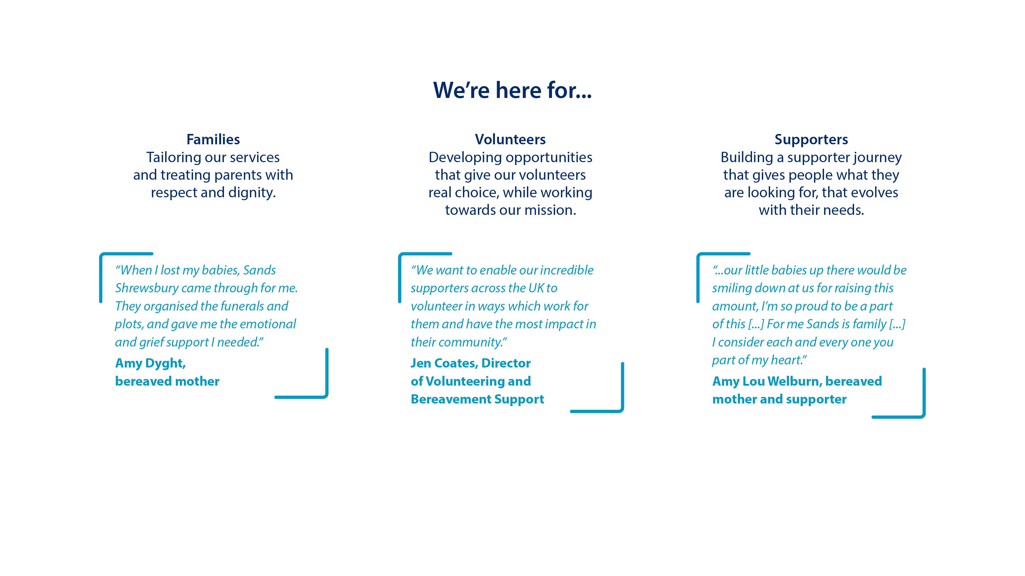 Supporters. Building a supporter journey that gives people what they are looking for, and evolves with their needs. “...our little babies up there would be smiling down at us for raising this amount, I’m so proud to be a part of this [...] For me Sands is family [...] I consider each and every one you part of my heart."   Amy Lou Welburn, bereaved mother and supporter.